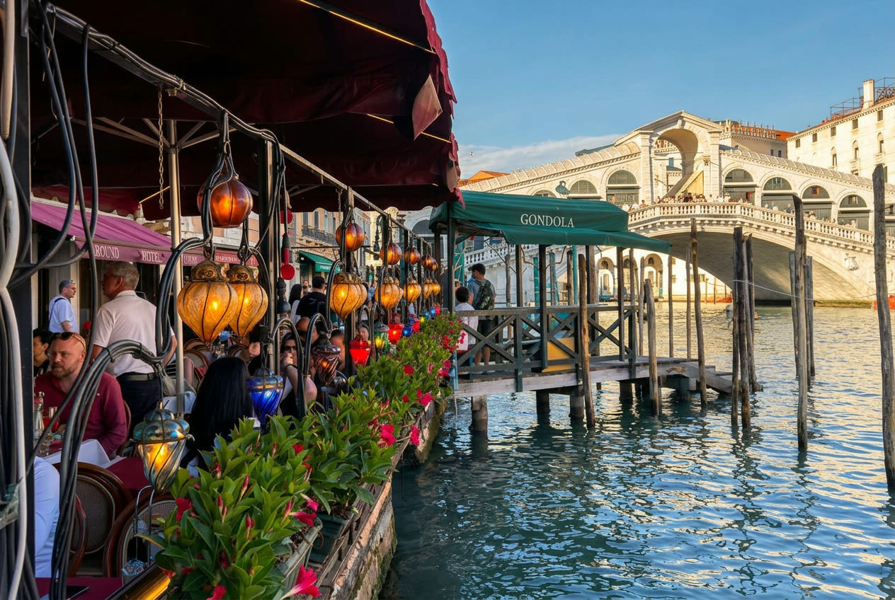 Lanterne di vetro di Murano sulla terrazza affacciata sul Canal Grande